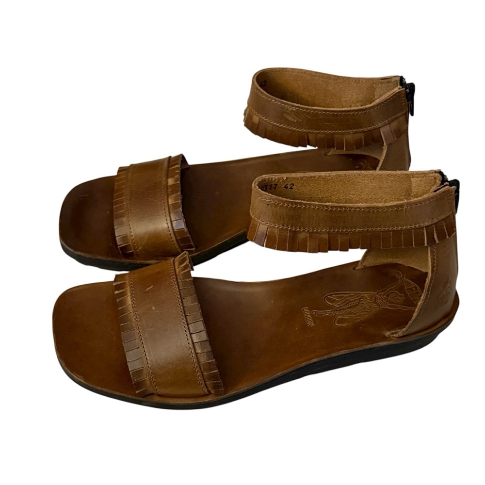 FLY LONDON Mexu brown leather fringe ankle strap sandals. Size 42 US Size 12